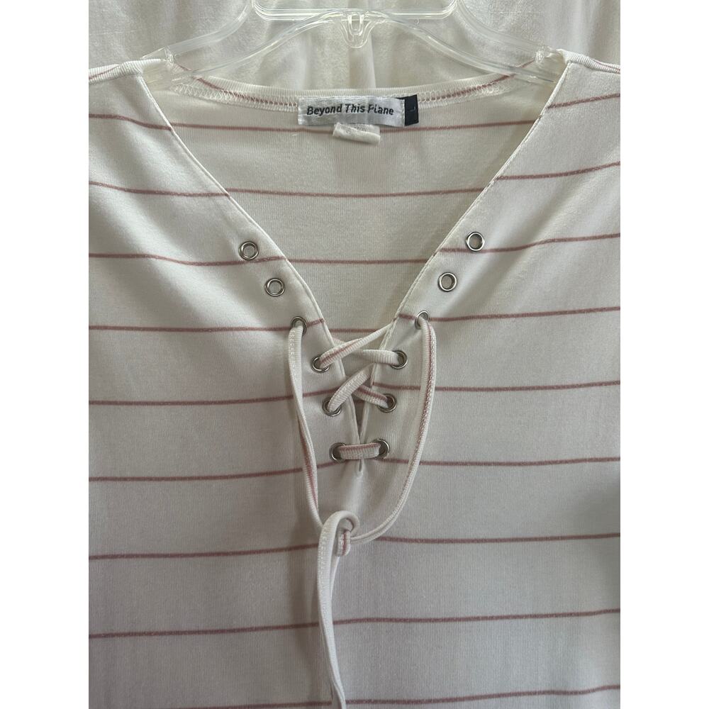 Beyond This Plane Dress - Large - Ivory Pink Stripe Lace Up Pocket Dress - Picture 4 of 5